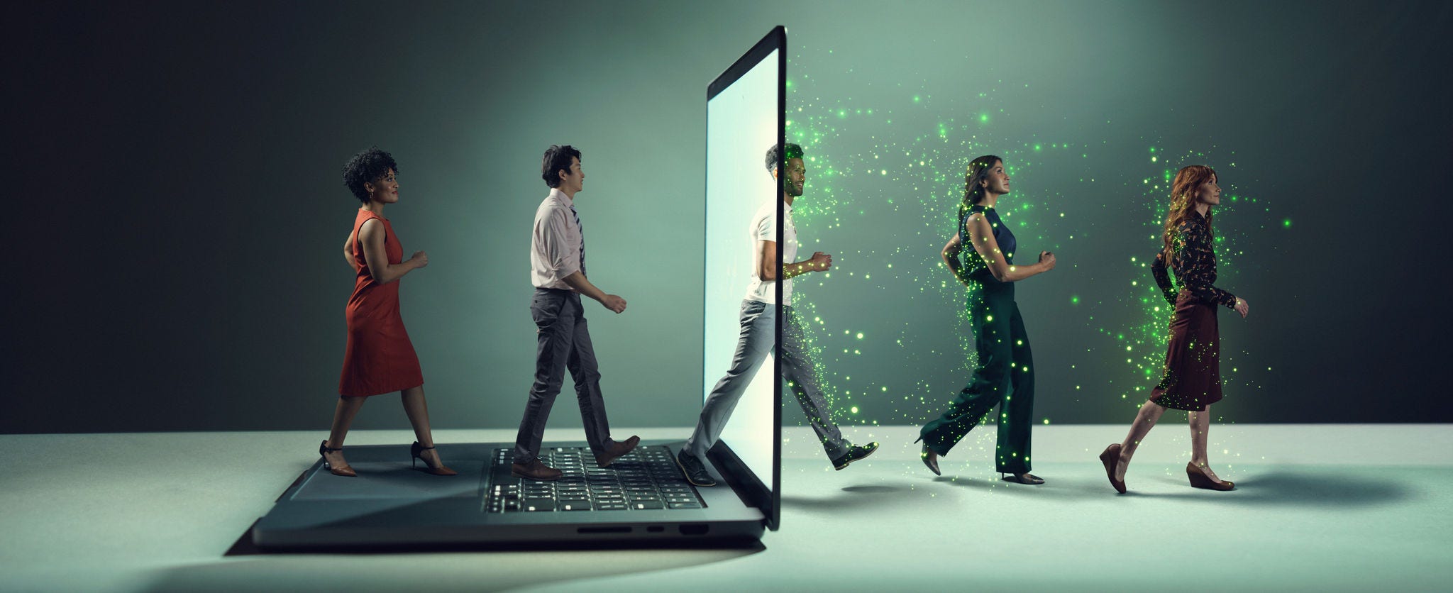 Art depicting a diverse group of workers walking through a computer screen, transformed into AI-empowered workers (represented by a high-tech green glow).