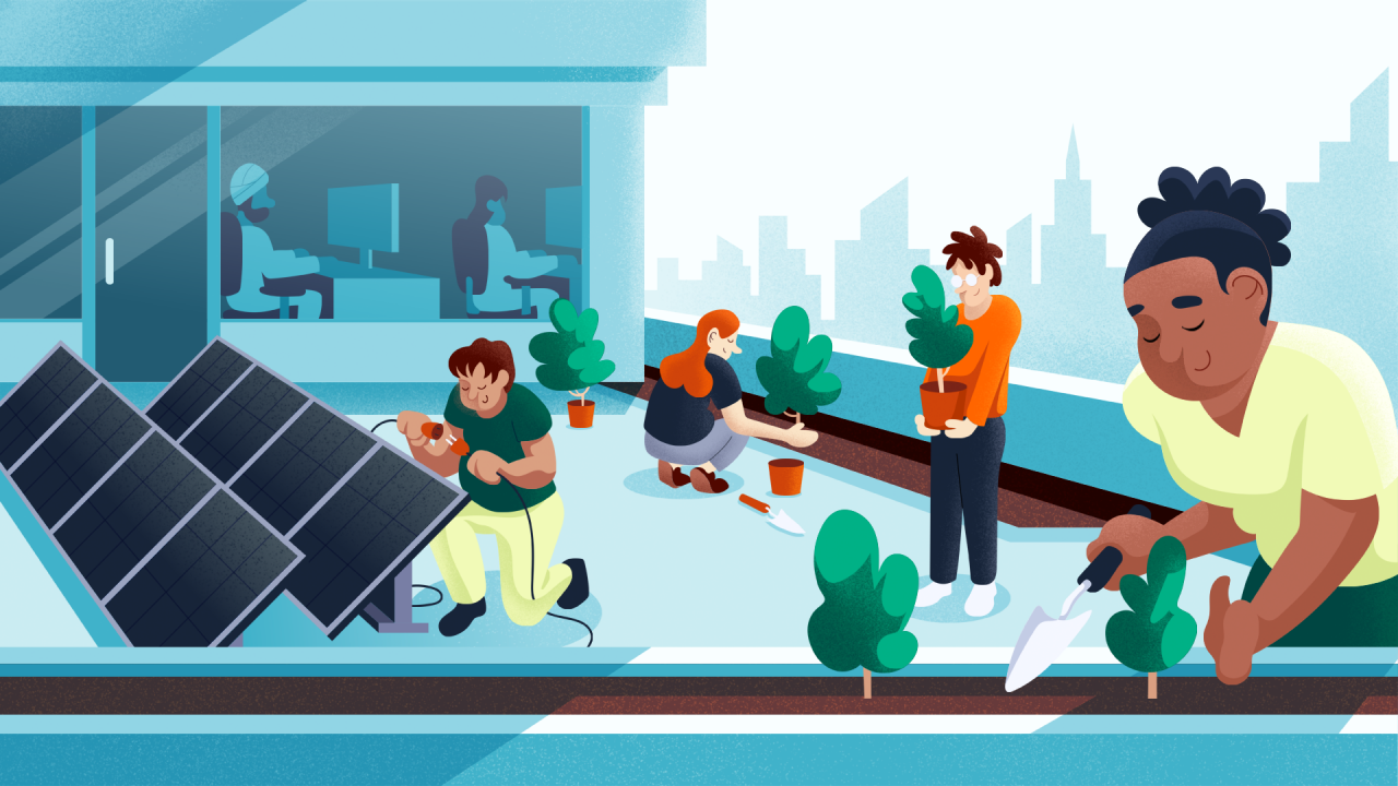 illustration of employees gardening on roof of office building, near solar panels