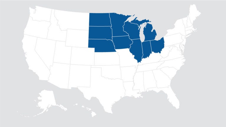 Map showing the North Central Region states