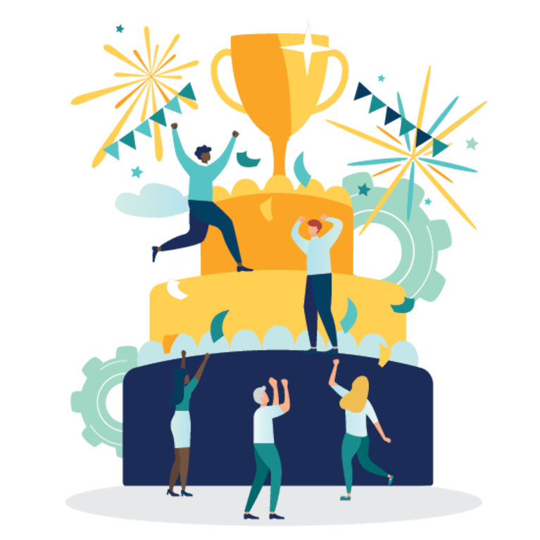 illustration of people celebrating around a large trophy