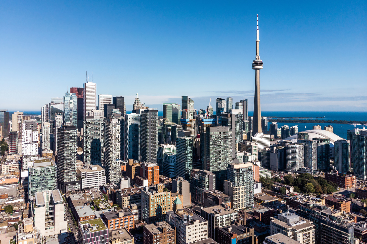 Aerial view of Toronto cityscape showing downtown buildings on a sunny day