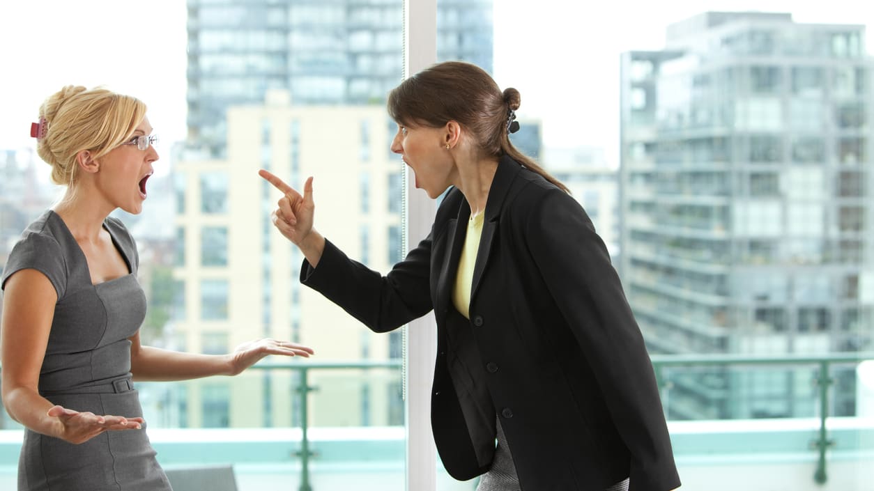 Two business women arguing in front of a window.