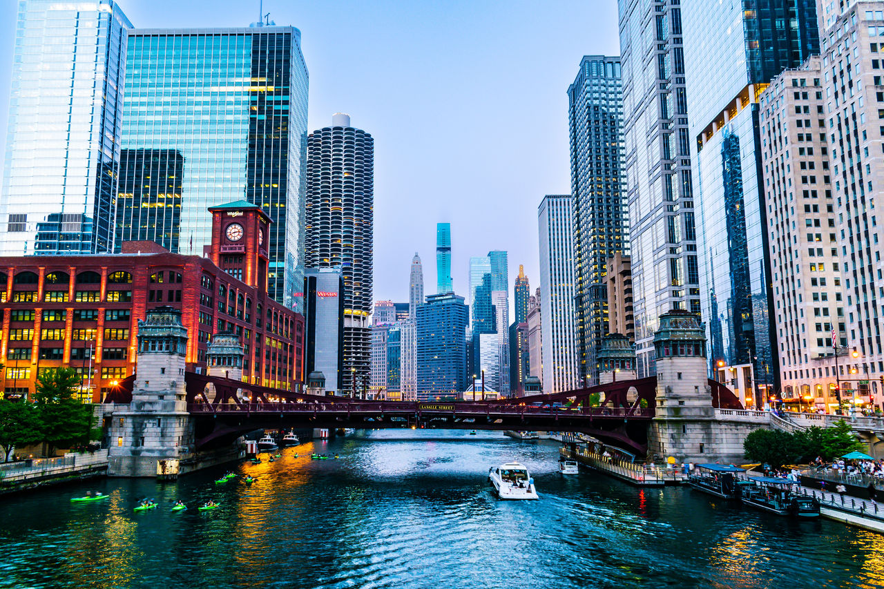 Chicago River and Chicago skyline.