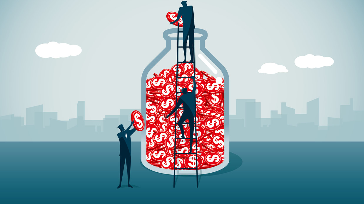 A businessman is climbing up a ladder to a glass jar full of money.