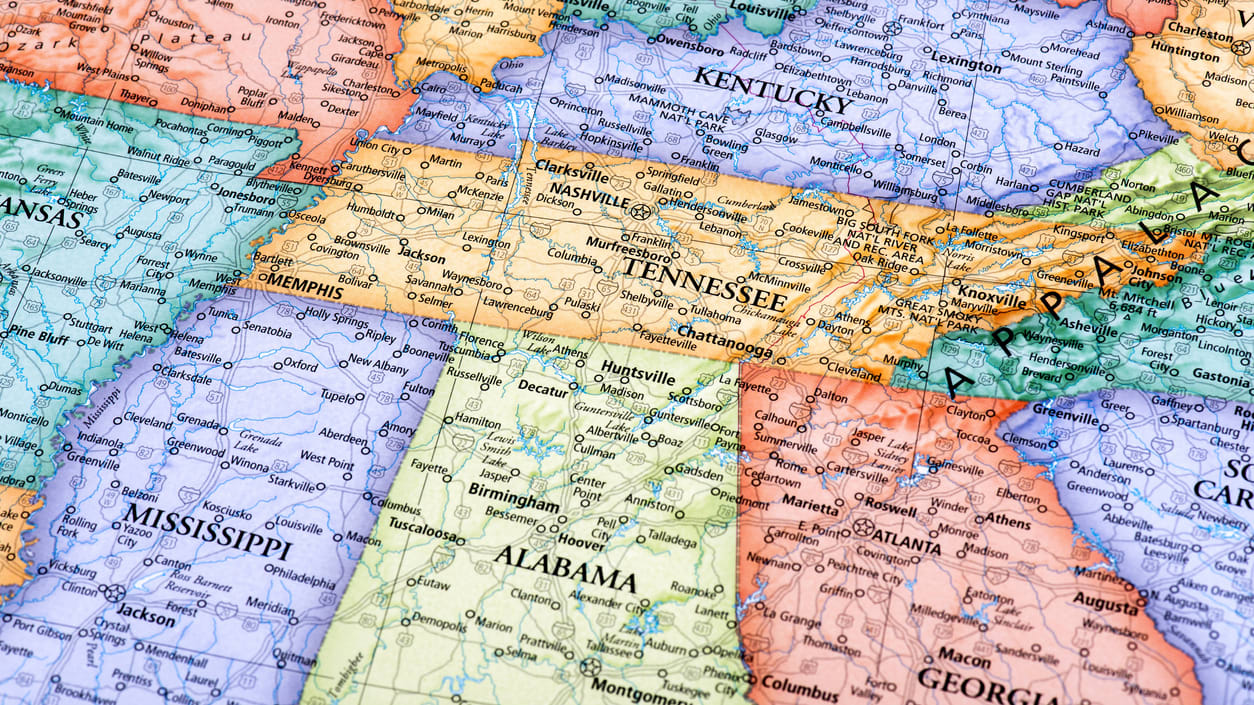 A map of the state of tennessee.