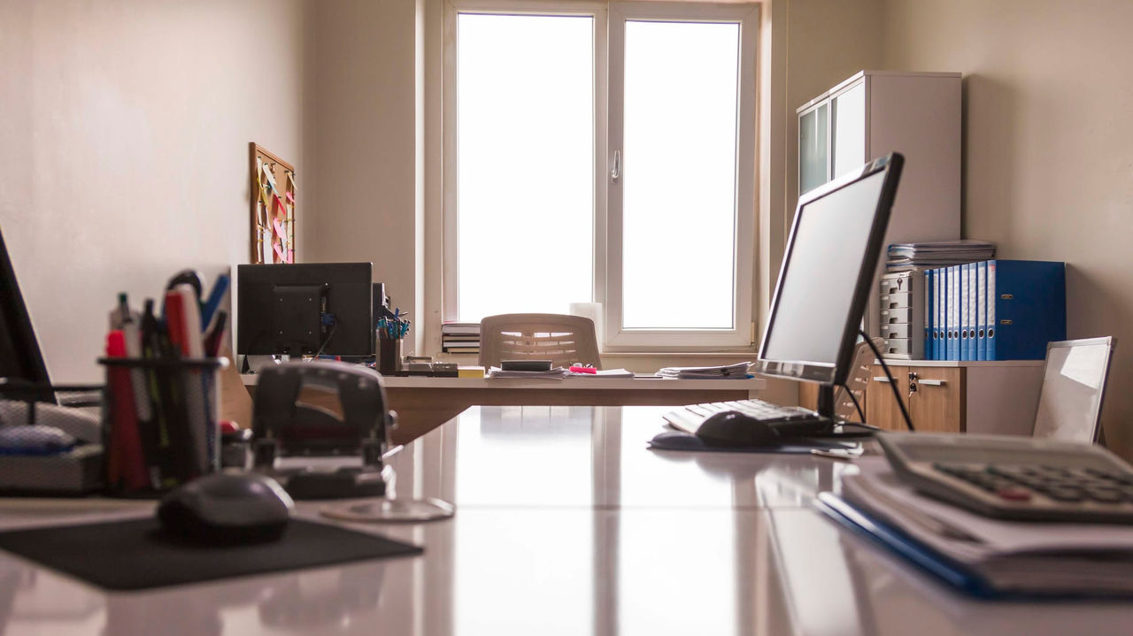 A desk in an office.