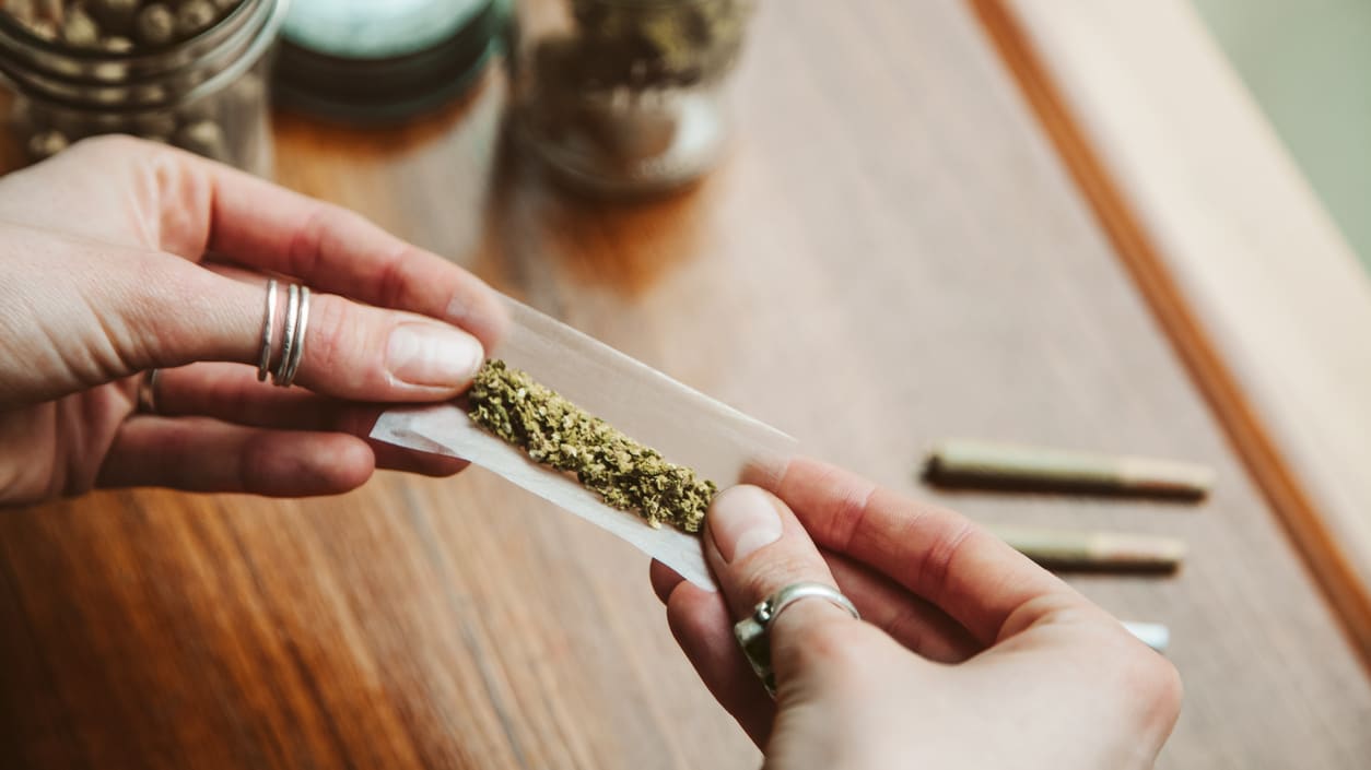 A woman is holding a piece of marijuana on a wooden table.