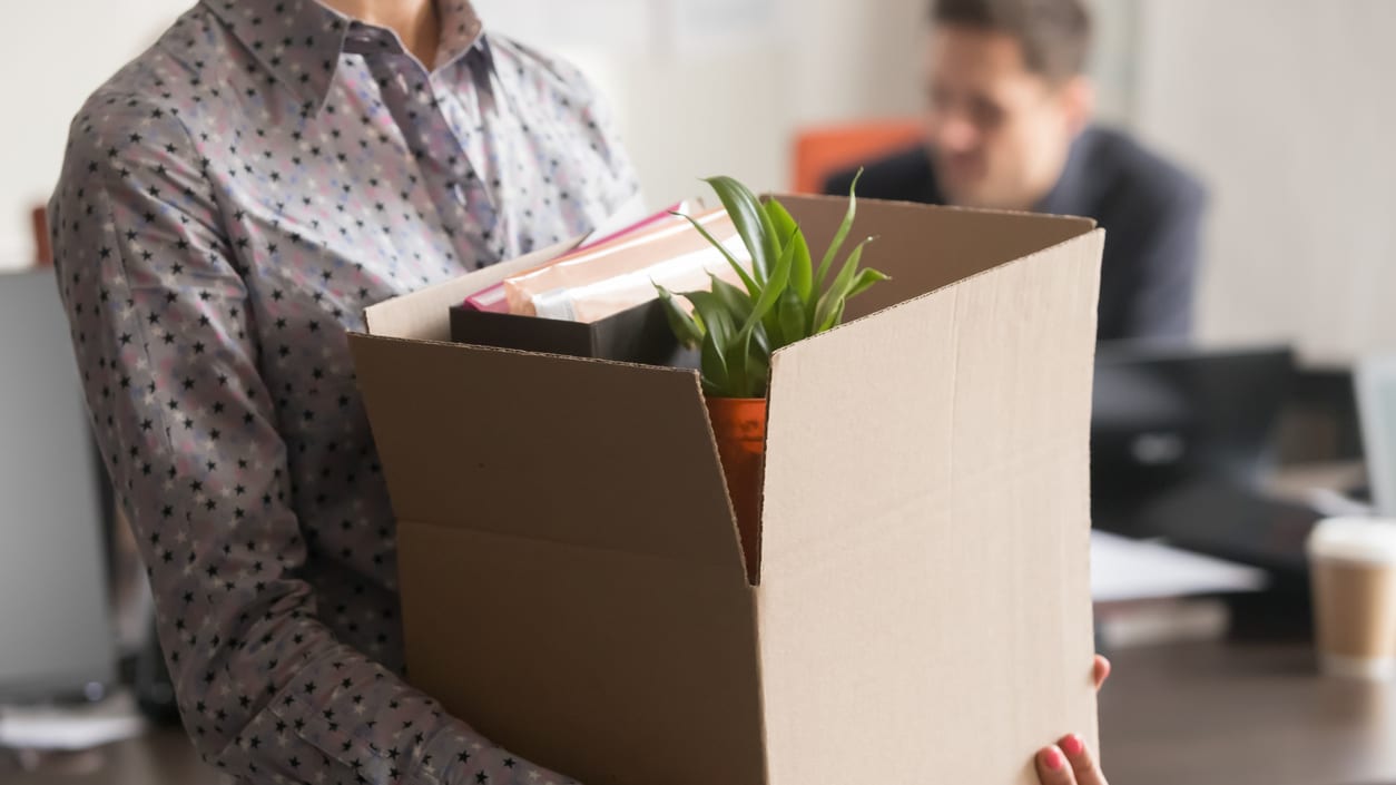 A woman holding a cardboard box with plants in it.