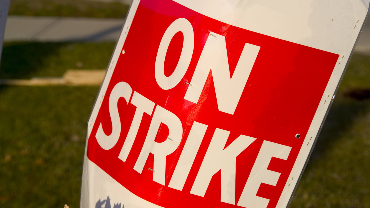 Picket sign reads "On Strike"