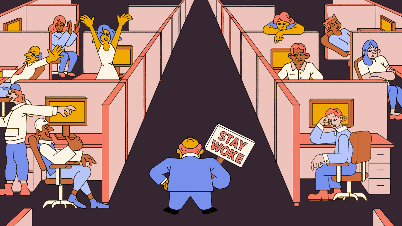 This illustration depicts a colorful office setting with various employees displaying different emotions from enthusiastic to disengaged. In the foreground, a figure holds up a "STAY WOKE" sign, indicating a theme of social awareness or activism. The diversity of reactions among the employees suggests a range of perspectives on the concept of being 'woke' within a workplace environment.