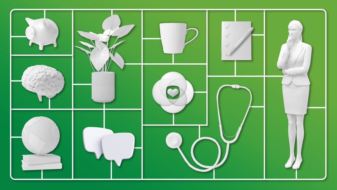 Board game pieces, such as a worker, a brain, and a piggy bank symbolize the pillars of employee wellbeing.