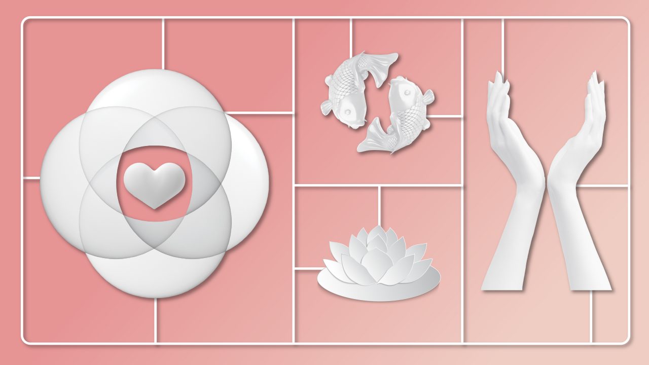 Spiritual wellness is represented by a heart, fish, and more.