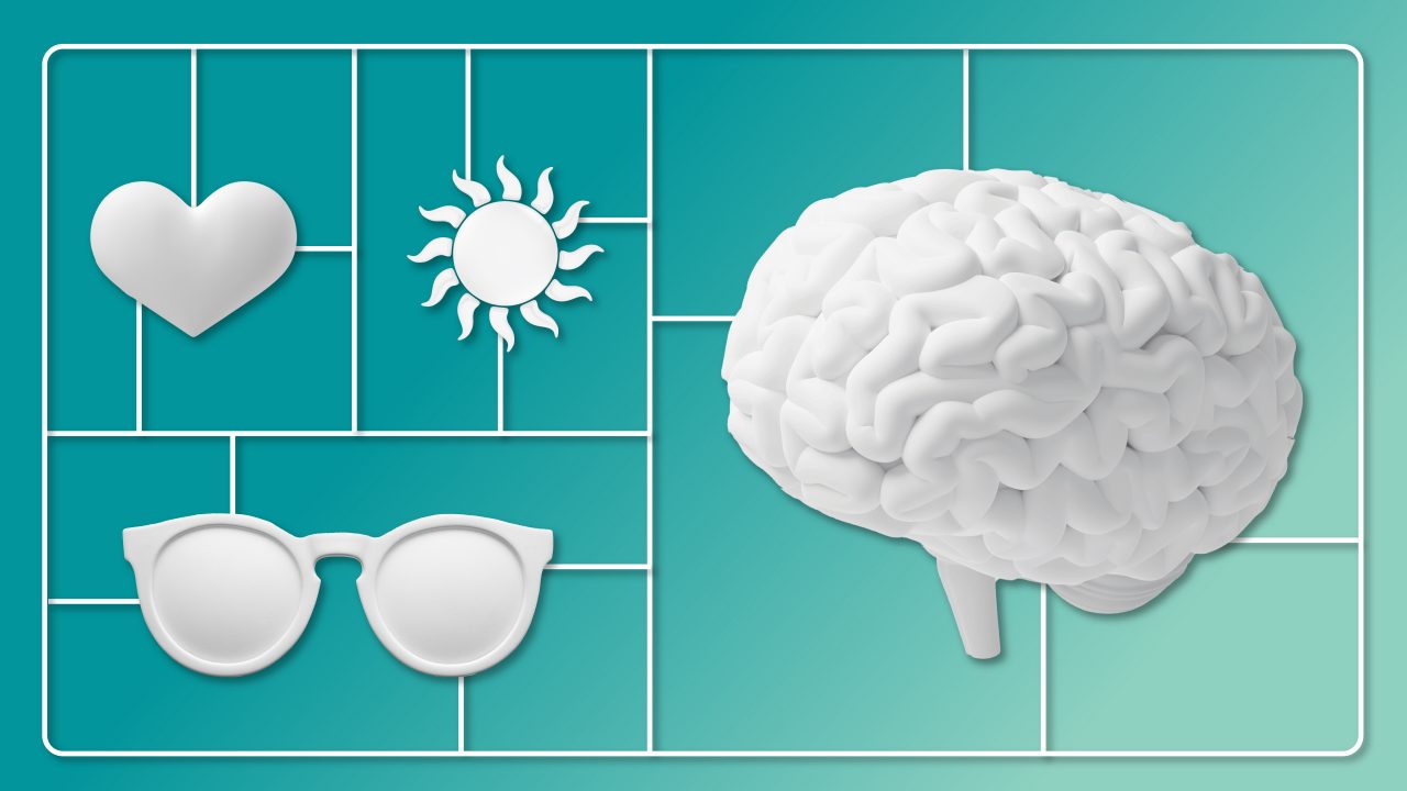 A brain, sunglasses, and more represent emotional wellbeing.