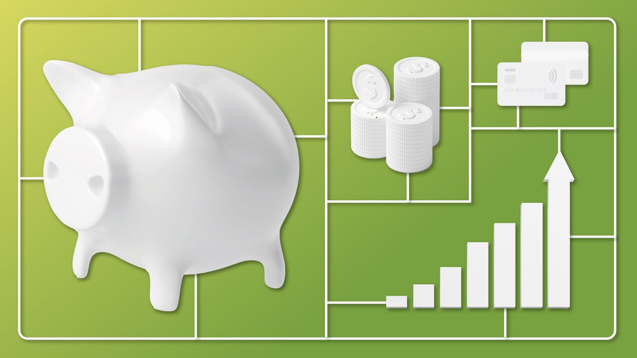A piggy bank, credit cards, and more represent financial wellness.