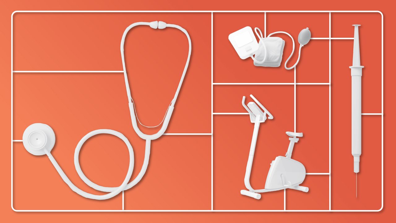 A stethoscope, bicycle, and other equipment symbolize employee physical wellness.