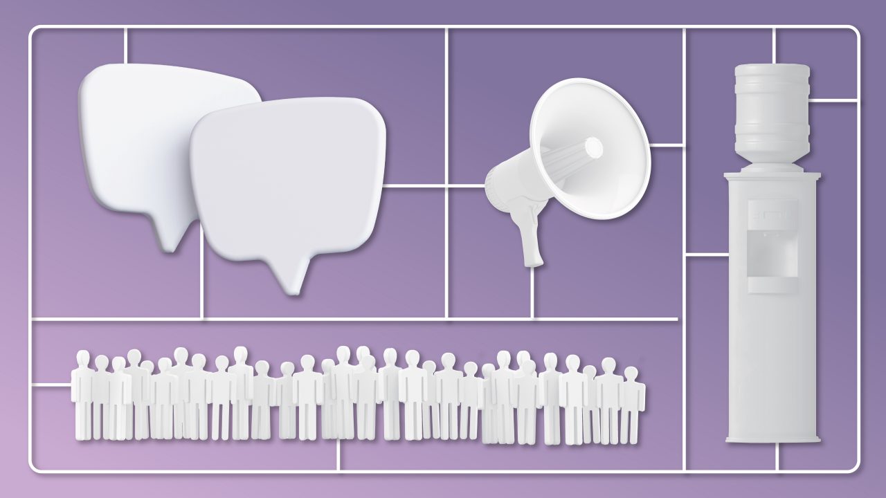 Text boxes, a water cooler, and more represent social wellness.